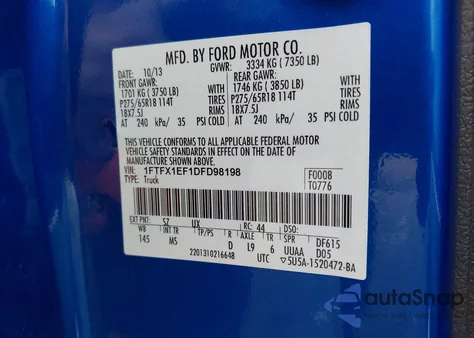 2013 Ford F150 Xlt из США, поврежденный, VIN 1FTFX1EF1DFD98198